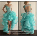 New High Low Prom Dresses Hi Lo Gown Blue Organza with Lace Ruffles Blue Beaded Lace Sheer Back Party Prom Dress CWFP2445
